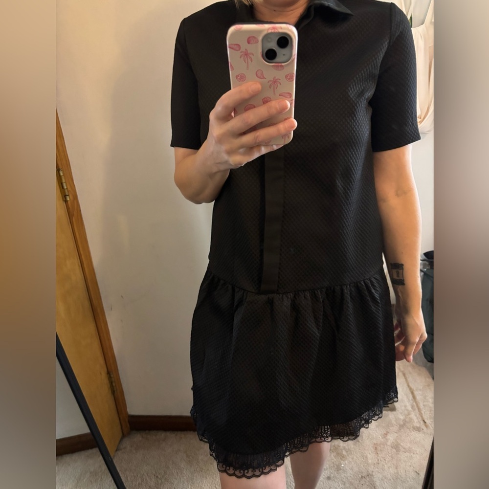 Sandro Paris Black Textured Drop Waist Shirt Dress Lace Hem - Picture 4 of 10